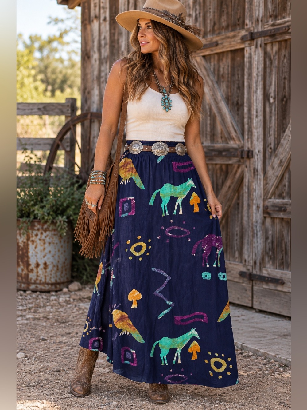 VINONG California Vintage Horse Print Maxi Skirt M Made USA 100% Rayon